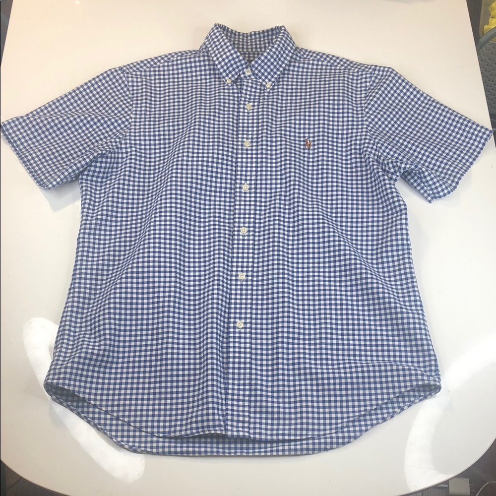 RALPH LAUREN Shirt Men's Large Blue Cotton Classic Gingham Check Plaid Button Up